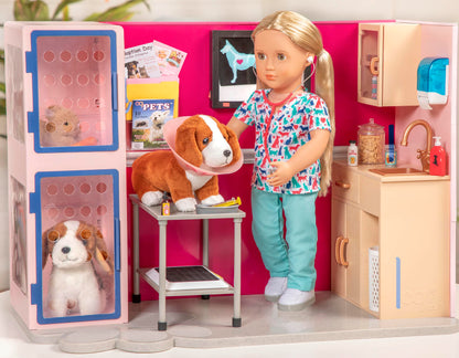 Our Generation Healthy Paws Vet Clinic playset for 18-inch dolls, featuring a pink veterinary clinic and accessories.
