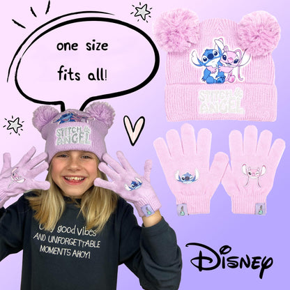 Disney Lilo & Stitch winter hat and gloves set for girls, featuring a cozy beanie and matching gloves for kids ages 6-12.