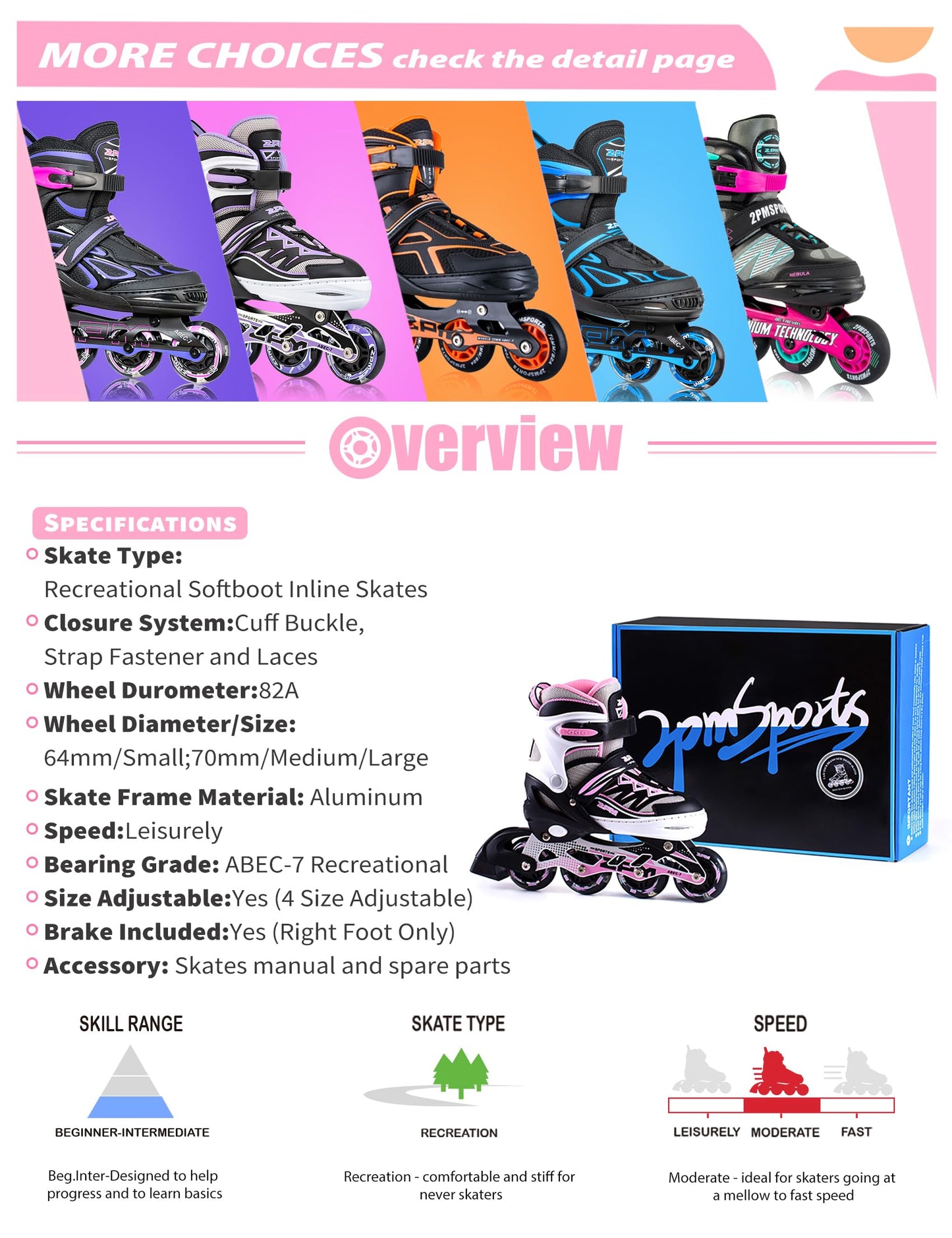 Pink 2pm Sports adjustable inline skates for boys and girls, stylish beginner roller skates with small size and secure fit.
