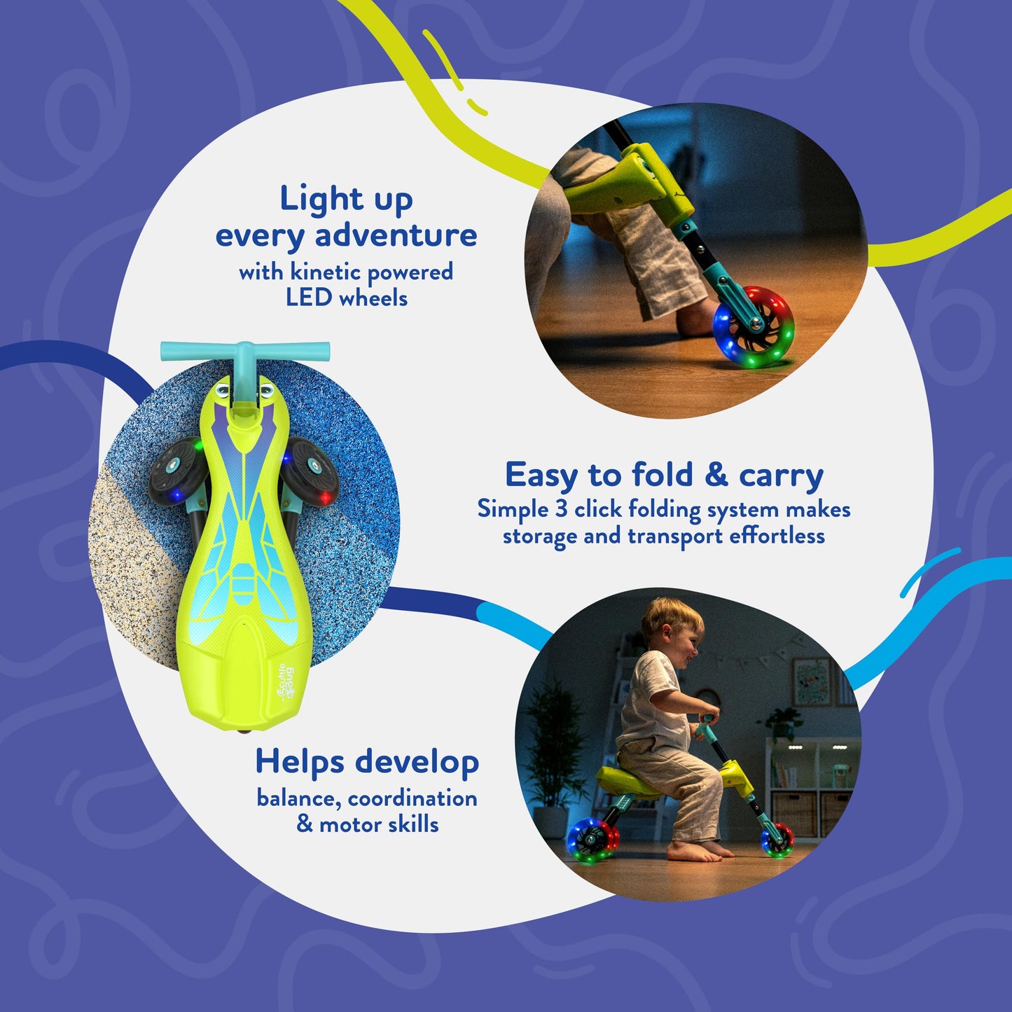 Scuttlebug 8615 Firefly Light Up Trike Ages 1-3 Push Bike 3-Wheel Foldable Ride-On Tricycle for 1+ Year Old Boys and Girls, Antennae Handlebar, Develop Your Toddler’s Balance and Motor Skills, Green