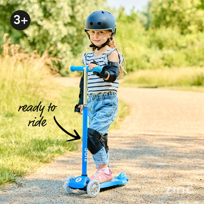 Zinc Superstar Kids Scooter for Ages 3+ – Three Wheeled Boys & Girls Scooter with LED Light Up Deck & Wheels, Adjustable Handlebar, Lean ‘n’ Steer Controls, Rear Brake, Soft Rubber Grips, Blue