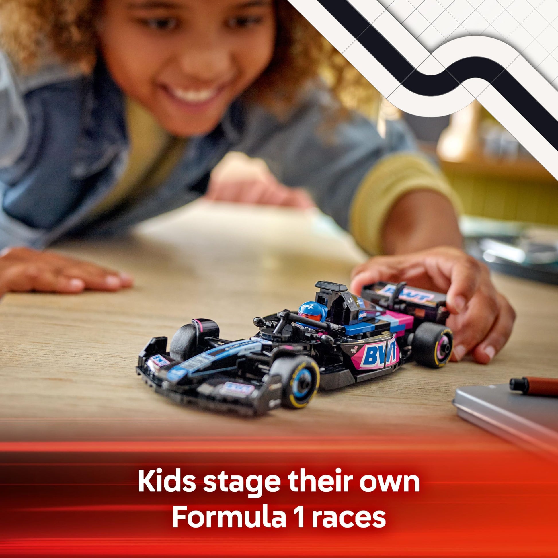 LEGO Speed Champions BWT Alpine F1 Team A524 race car toy with collectible Formula 1 driver minifigure displayed on a track.
