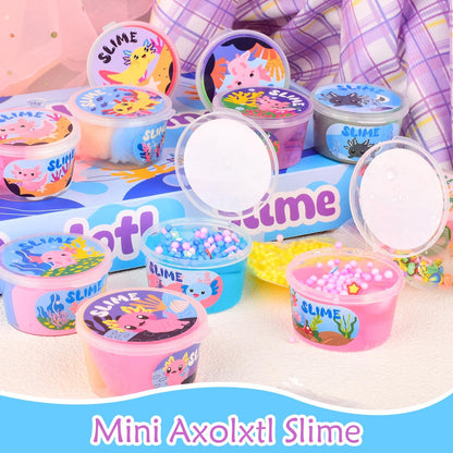 15-pack Bretohay axolotl slime kit with cloud, butter, and clear slime, featuring axolotl charms, soft, stretchy, for kids and classroom fun