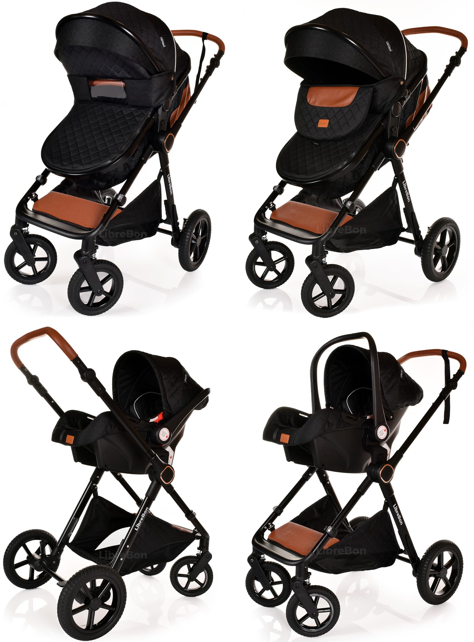 Boneelook 3-in-1 baby buggy pram and stroller with black frame, lightweight aluminum design, suitable for newborns and toddlers