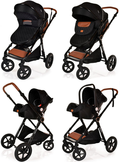 Boneelook 3-in-1 baby buggy pram and stroller with black frame, lightweight aluminum design, suitable for newborns and toddlers