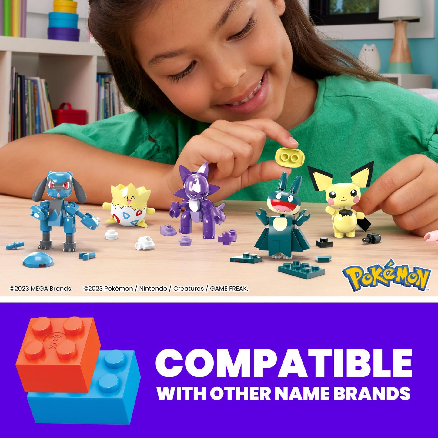 Mega Brands Pokémon Building Toys Set featuring 8 poseable characters, 2 inches tall, with 189 pieces for creative play.