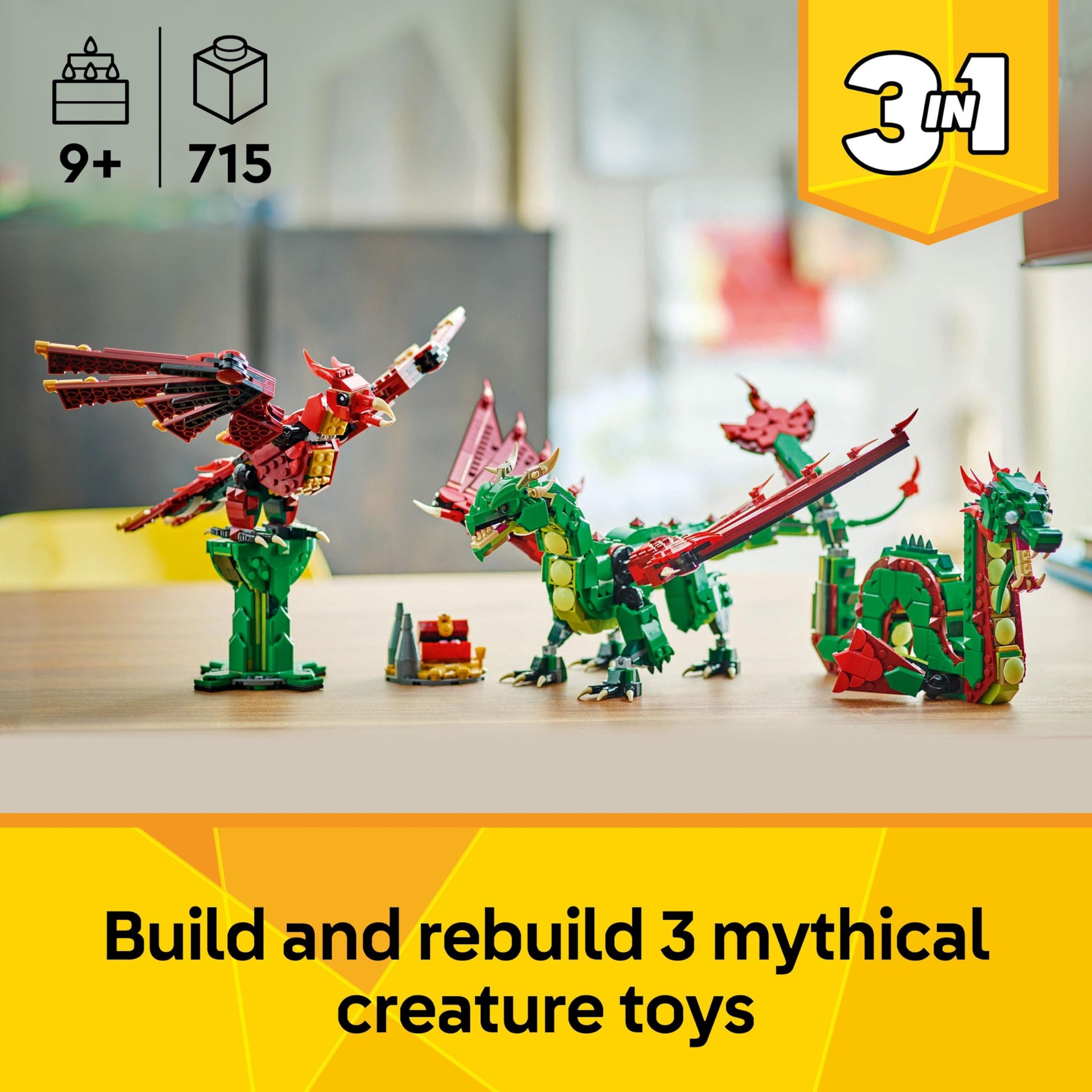 LEGO Creator 3in1 Medieval Dragon toy set with dragon, sea serpent, and phoenix figures for kids aged 9 and up.