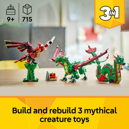 LEGO Creator 3in1 Medieval Dragon toy set with dragon, sea serpent, and phoenix figures for kids aged 9 and up.