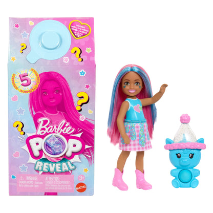 Barbie Chelsea Pop Reveal Doll Set, Shakes Series with 5 Surprises Including Scented Small Doll, Pop-It Pet & Color Change (Styles May Vary), JCN89