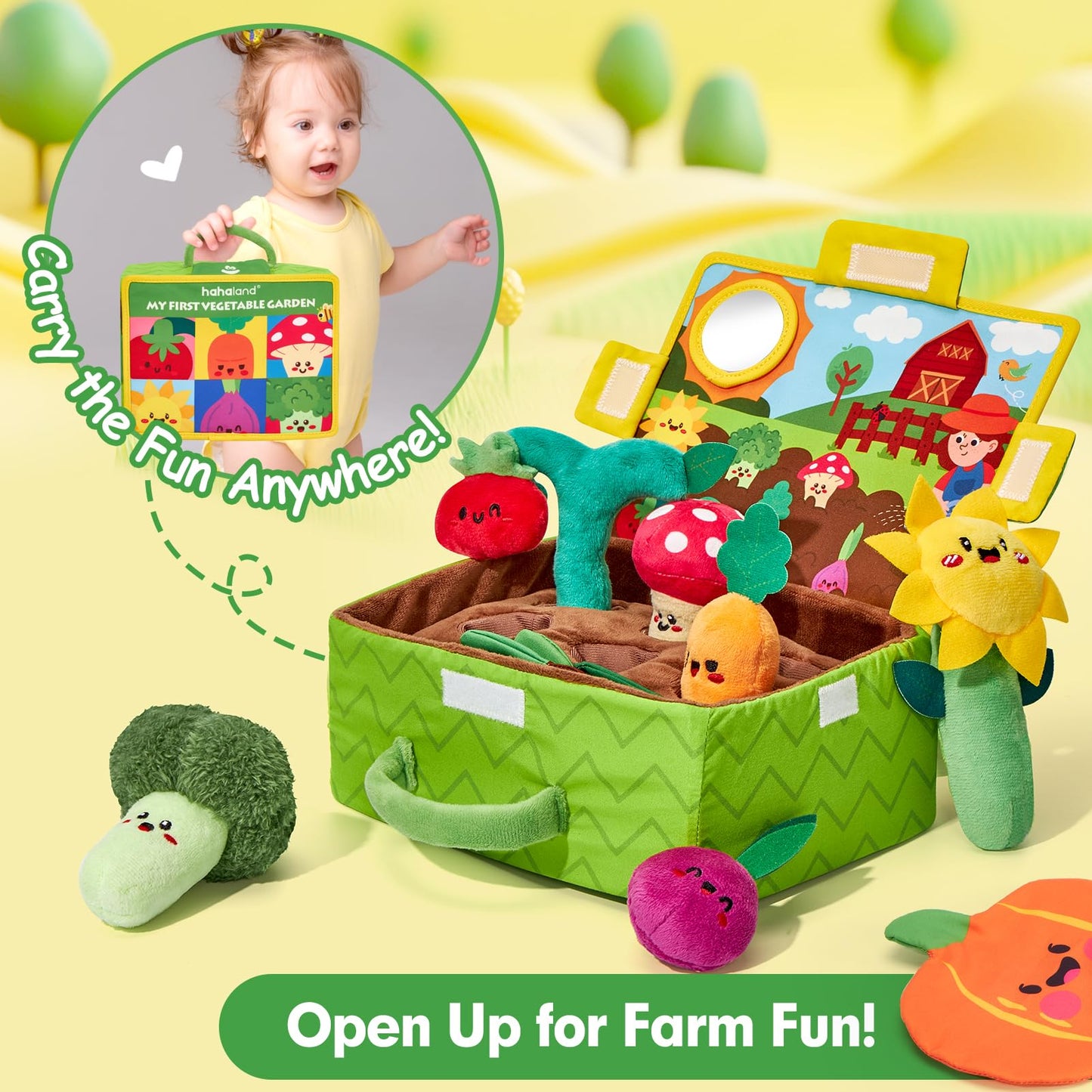 Montessori sensory plush fruit and vegetable garden toy by hahaland with rattles, mirror, textures, and crinkle tissues.