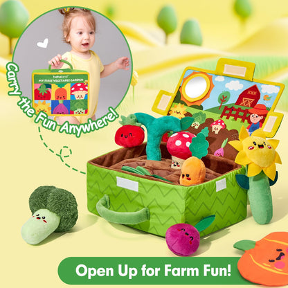 Montessori sensory plush fruit and vegetable garden toy by hahaland with rattles, mirror, textures, and crinkle tissues.