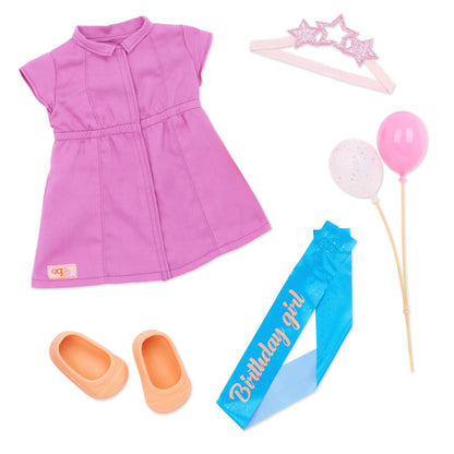 18-inch Our Generation doll Khelani in birthday outfit with party accessories, smiling at a festive celebration scene.