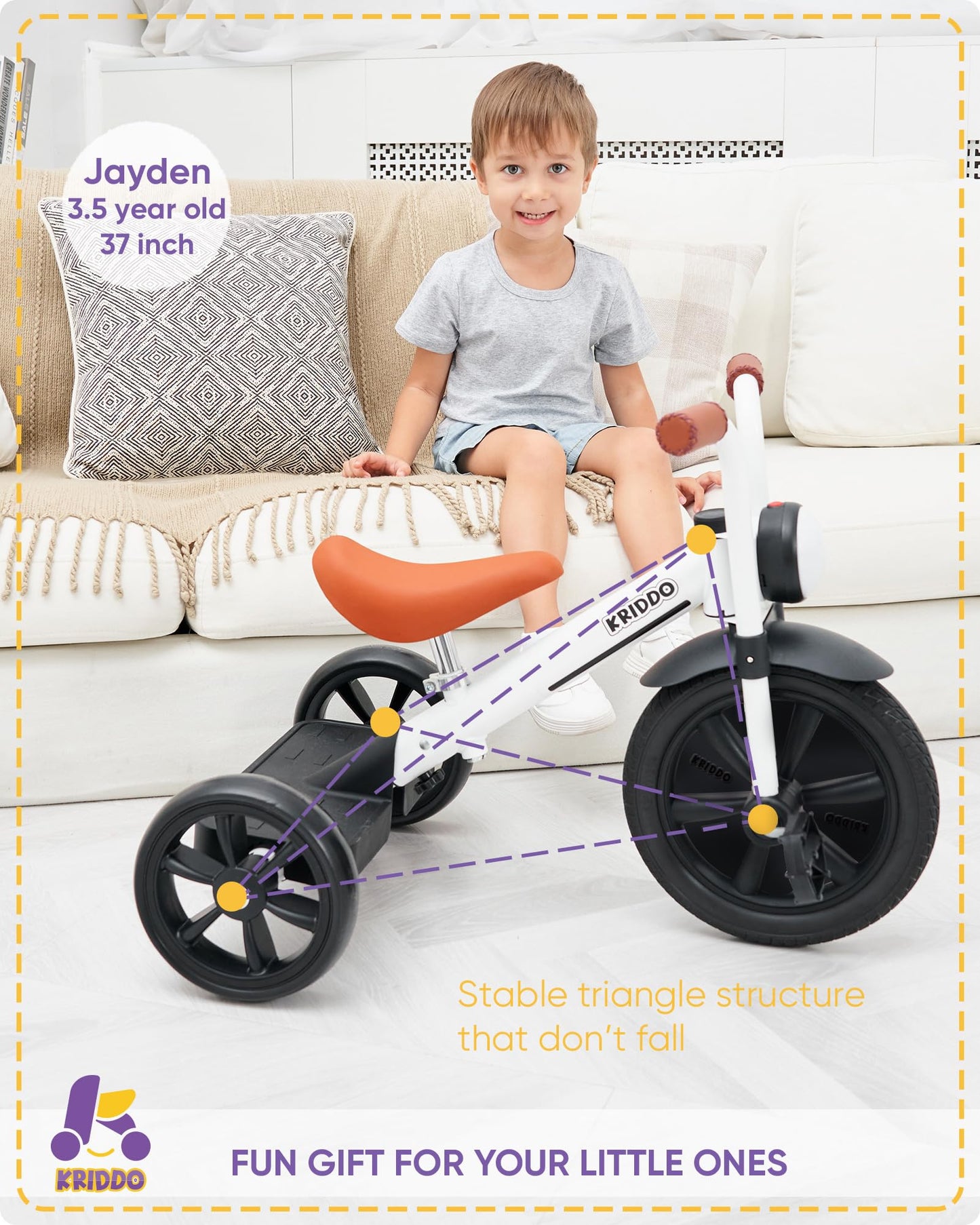 KRIDDO Kids Tricycles Age 2 Years to 5 Years, 12 Inch Puncture Free Rubber Wheel w Front Light, Adjustable Seat Height, Gift Toddler Tricycles for 2-5 Year Olds, Trikes for Toddlers, White