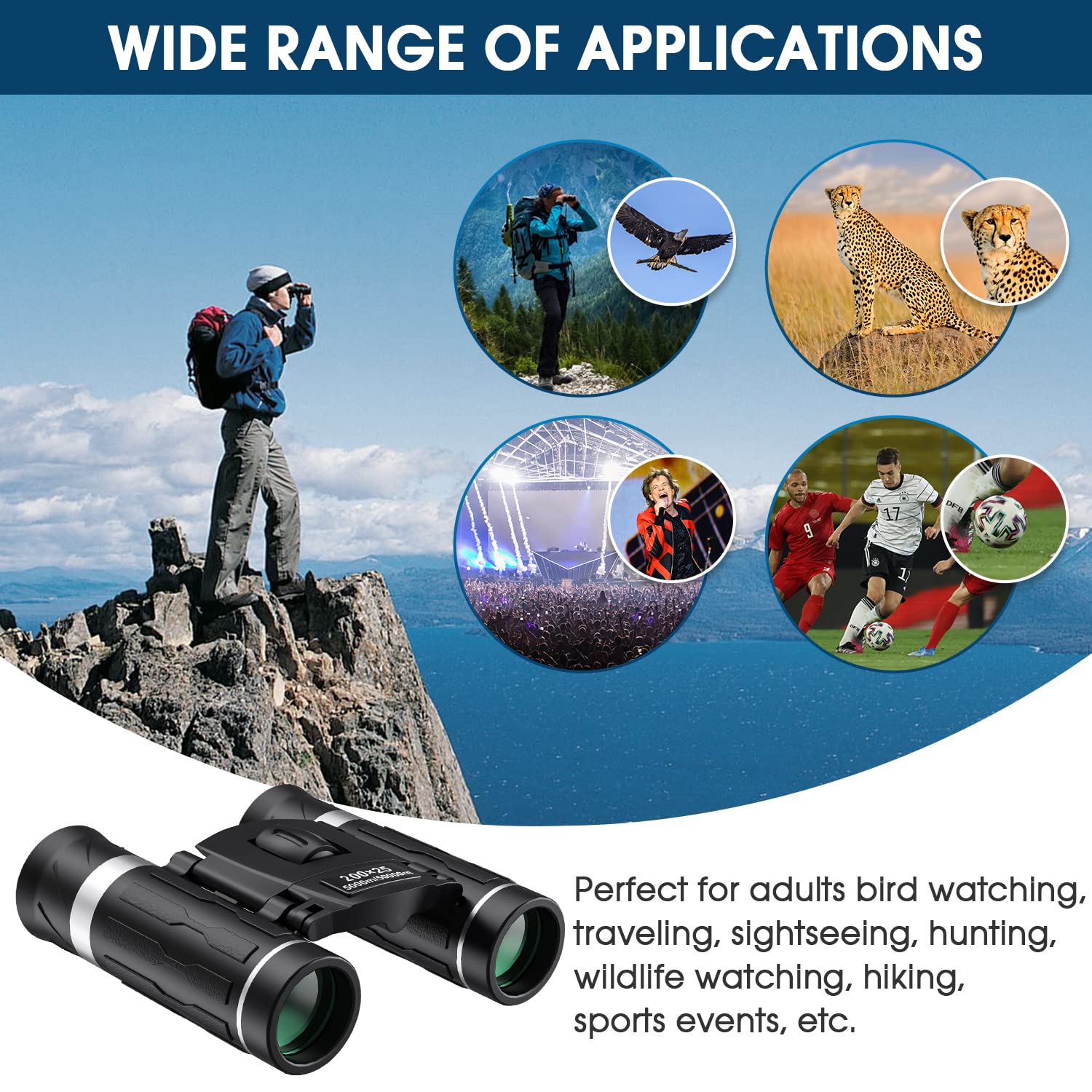 Flyant 200x25 compact binoculars for adults and kids, portable mini binoculars ideal for travel, bird watching, camping, and concerts.