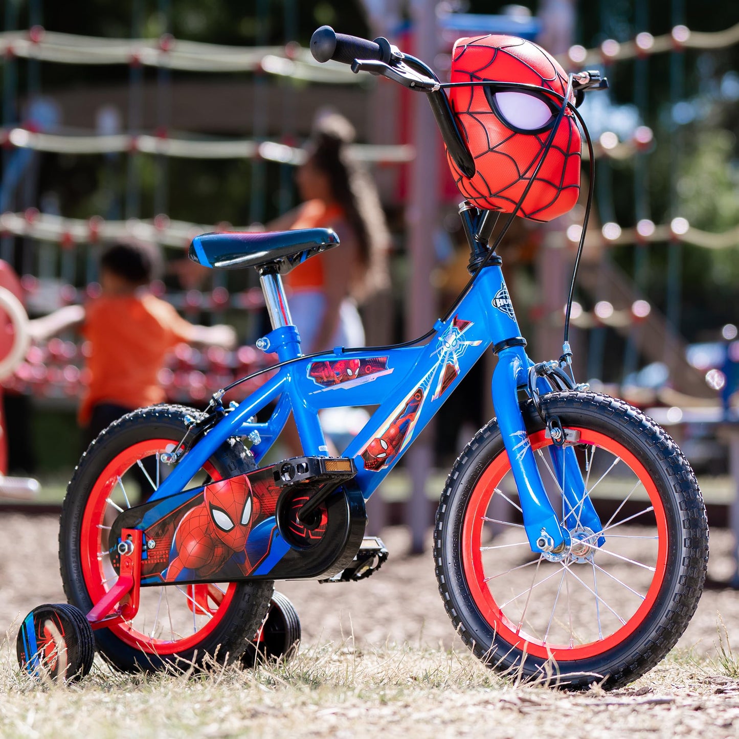 Huffy Boys Spiderman Bike 14 Inch Wheel with Spiderman Mask Handlebars Ages 4-6, 105-117cm, Blue