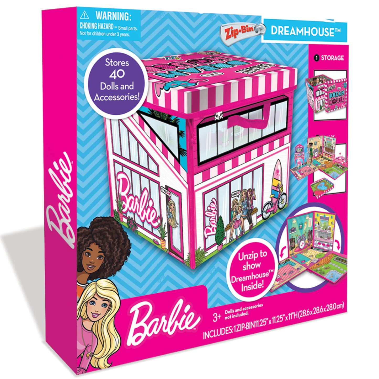 Barbie Dreamhouse ZipBin storage for 40 dolls with a playmat, ideal for organizing dolls and accessories.