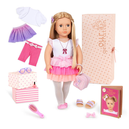 18-inch Our Generation doll Thea with blonde hair, hazel eyes, bow-themed outfits, and styling accessories in gift box.