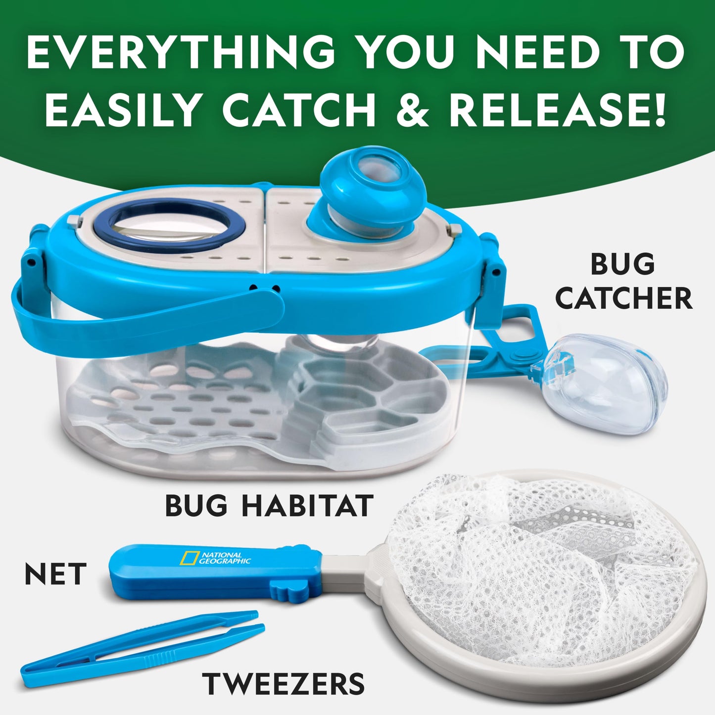 Blue Marble National Geographic bug catcher kit for kids with net, insect habitat, magnified viewers, and tweezers for outdoor exploration.
