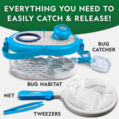 Blue Marble National Geographic bug catcher kit for kids with net, insect habitat, magnified viewers, and tweezers for outdoor exploration.