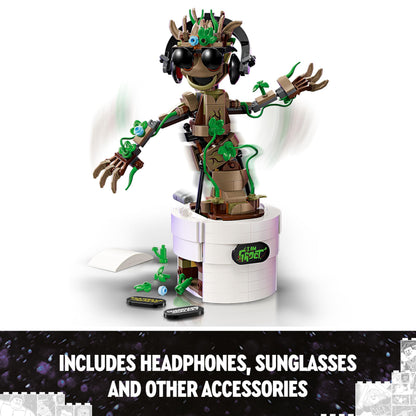 LEGO Marvel Dancing Groot action figure, buildable interactive toy for kids, depicting Guardians of the Galaxy character.