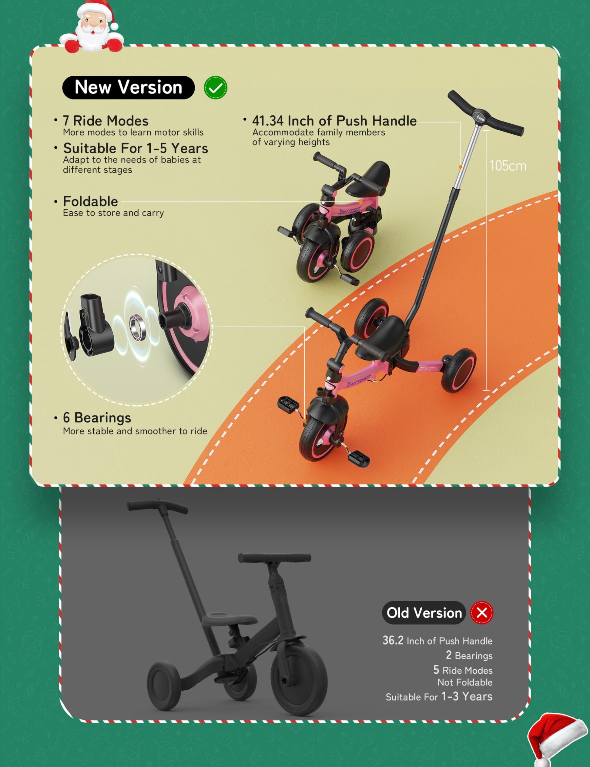 besrey 7-in-1 toddler tricycle in pink with adjustable seat, parent steering handle, and removable pedals for kids aged 1-5.