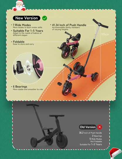 besrey 7-in-1 toddler tricycle in pink with adjustable seat, parent steering handle, and removable pedals for kids aged 1-5.