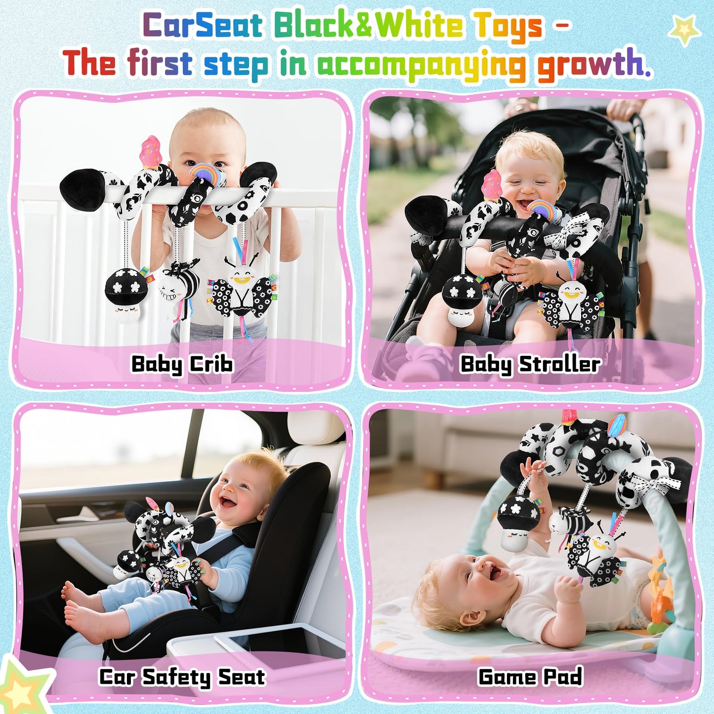 Zendstanding Spiral Car Seat Toys for Babies, 0-6 Months Stroller Pram Activity Hanging Toys High Contrast Black and White Sensory Toy, Newborn Soft Plush Travel Toy for Boys Girls