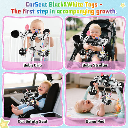 Zendstanding Spiral Car Seat Toys for Babies, 0-6 Months Stroller Pram Activity Hanging Toys High Contrast Black and White Sensory Toy, Newborn Soft Plush Travel Toy for Boys Girls