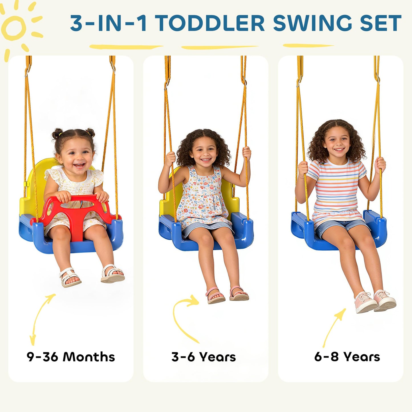AIYAPLAY 3-in-1 toddler swing set with adjustable seat, seat belt, and removable guardrails in blue for indoor and outdoor use