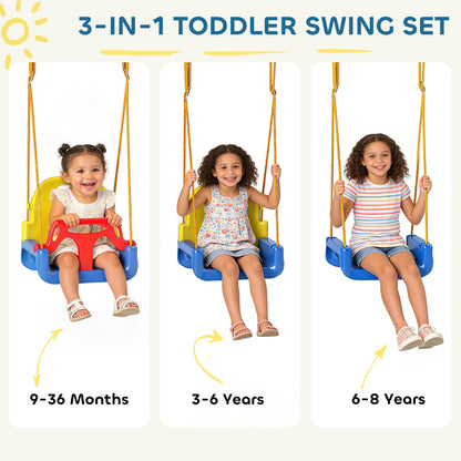 AIYAPLAY 3-in-1 toddler swing set with adjustable seat, seat belt, and removable guardrails in blue for indoor and outdoor use