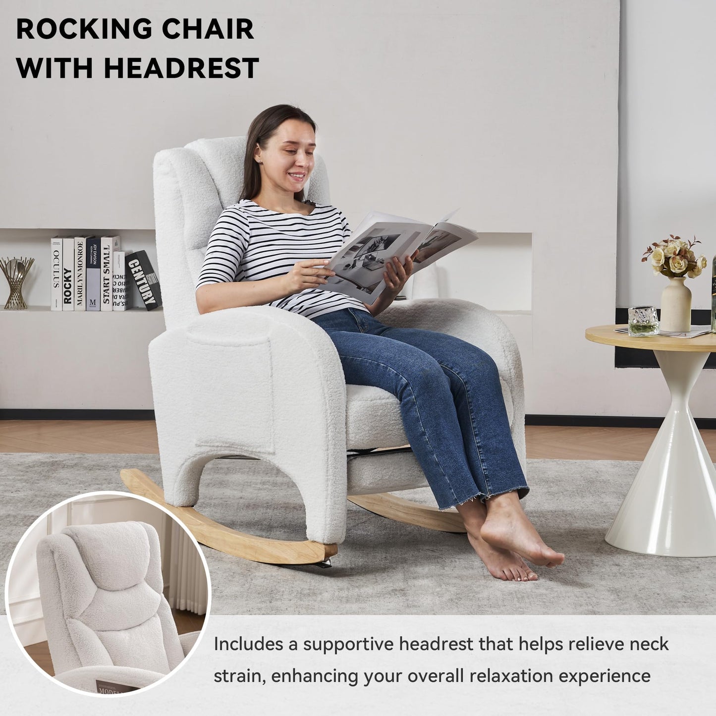 DEKKETO white teddy rocking chair with headrest, footrest, side pocket, ideal for nursing, adults, and nursery comfort.