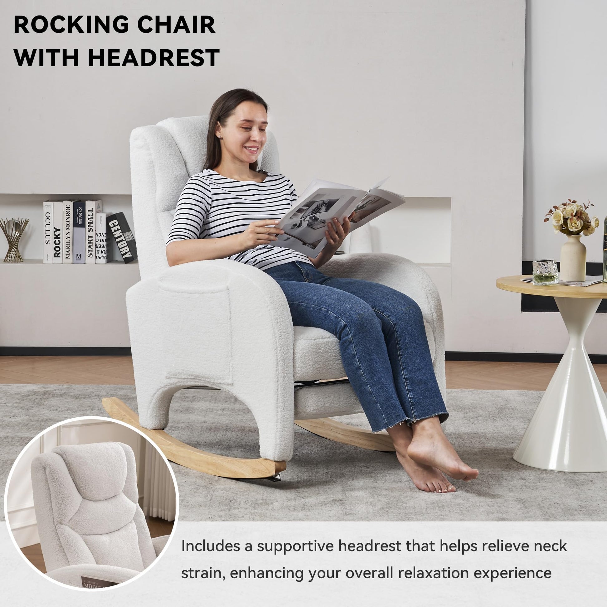 DEKKETO white teddy rocking chair with headrest, footrest, side pocket, ideal for nursing, adults, and nursery comfort.