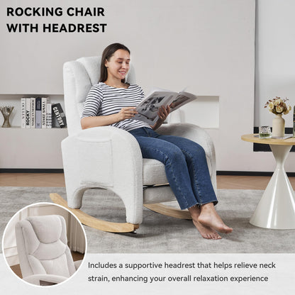 DEKKETO white teddy rocking chair with headrest, footrest, side pocket, ideal for nursing, adults, and nursery comfort.