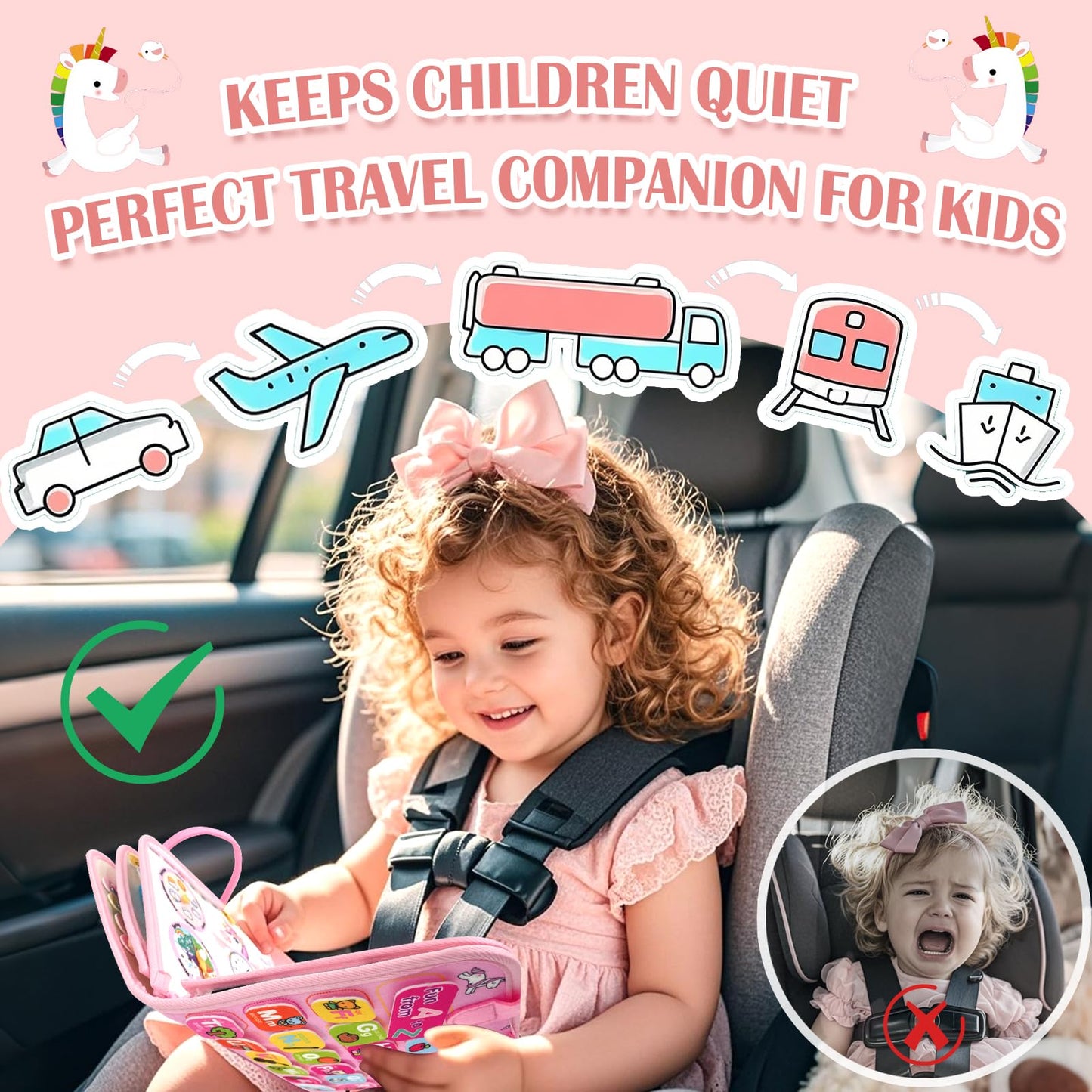 Busy Book, Busy Board for Toddler, Montessori Toys, Toddler Travel Toys, Plane Toys for 3 4 5 Year Old, Baby Travel Toys, Plane Activities for Kids, Activity Book, Pink Unicorn Sensory Board