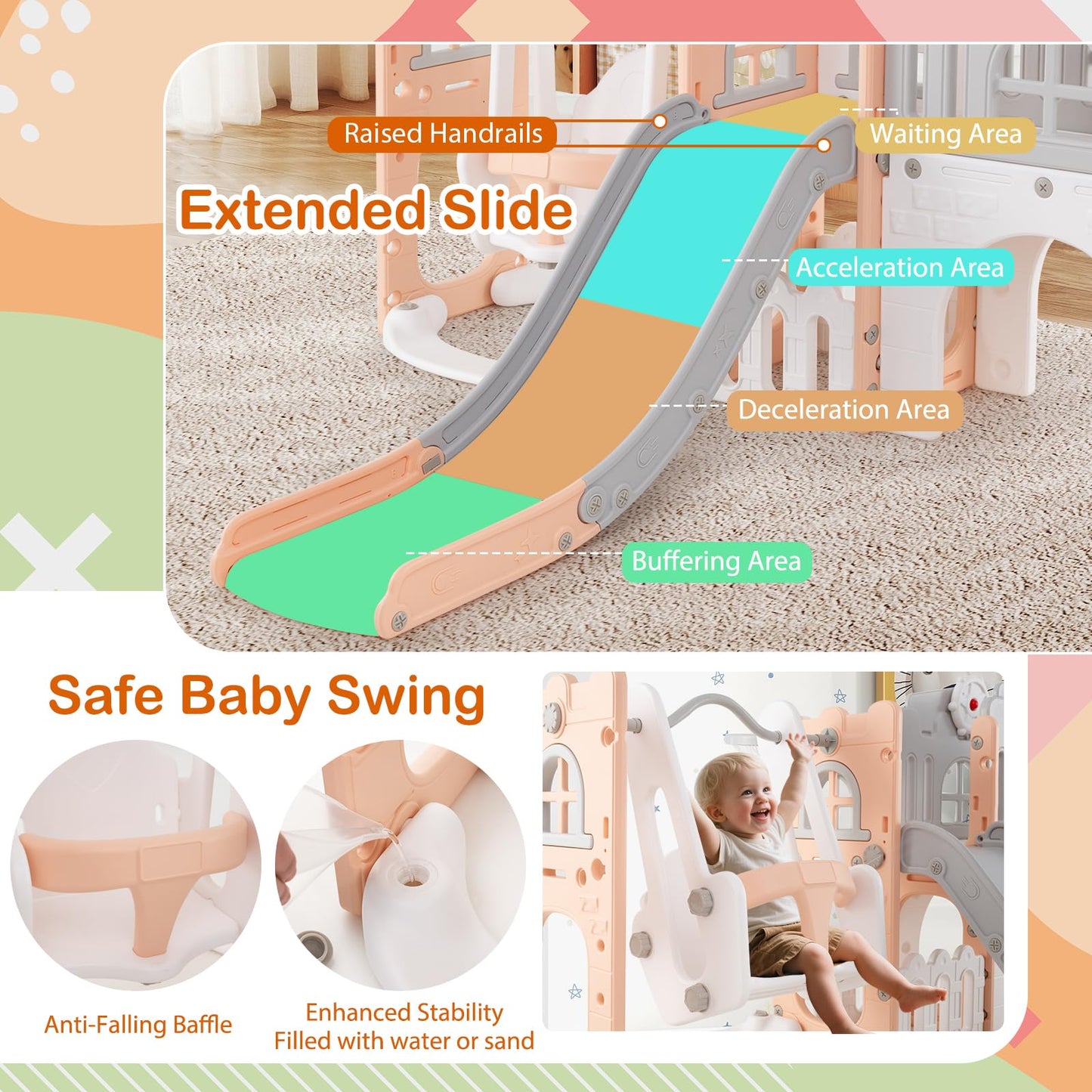 COSTWAY Toddler Swing and Slide Set, 10 in 1 Kids Slide with Climber Ladder, Basketball Hoop, Telescope, Tunnel, Storage Space, Indoor Outdoor Playground for 1+ Years Old (Grey + Pink)