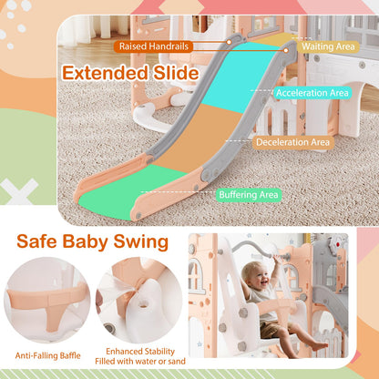 COSTWAY Toddler Swing and Slide Set, 10 in 1 Kids Slide with Climber Ladder, Basketball Hoop, Telescope, Tunnel, Storage Space, Indoor Outdoor Playground for 1+ Years Old (Grey + Pink)