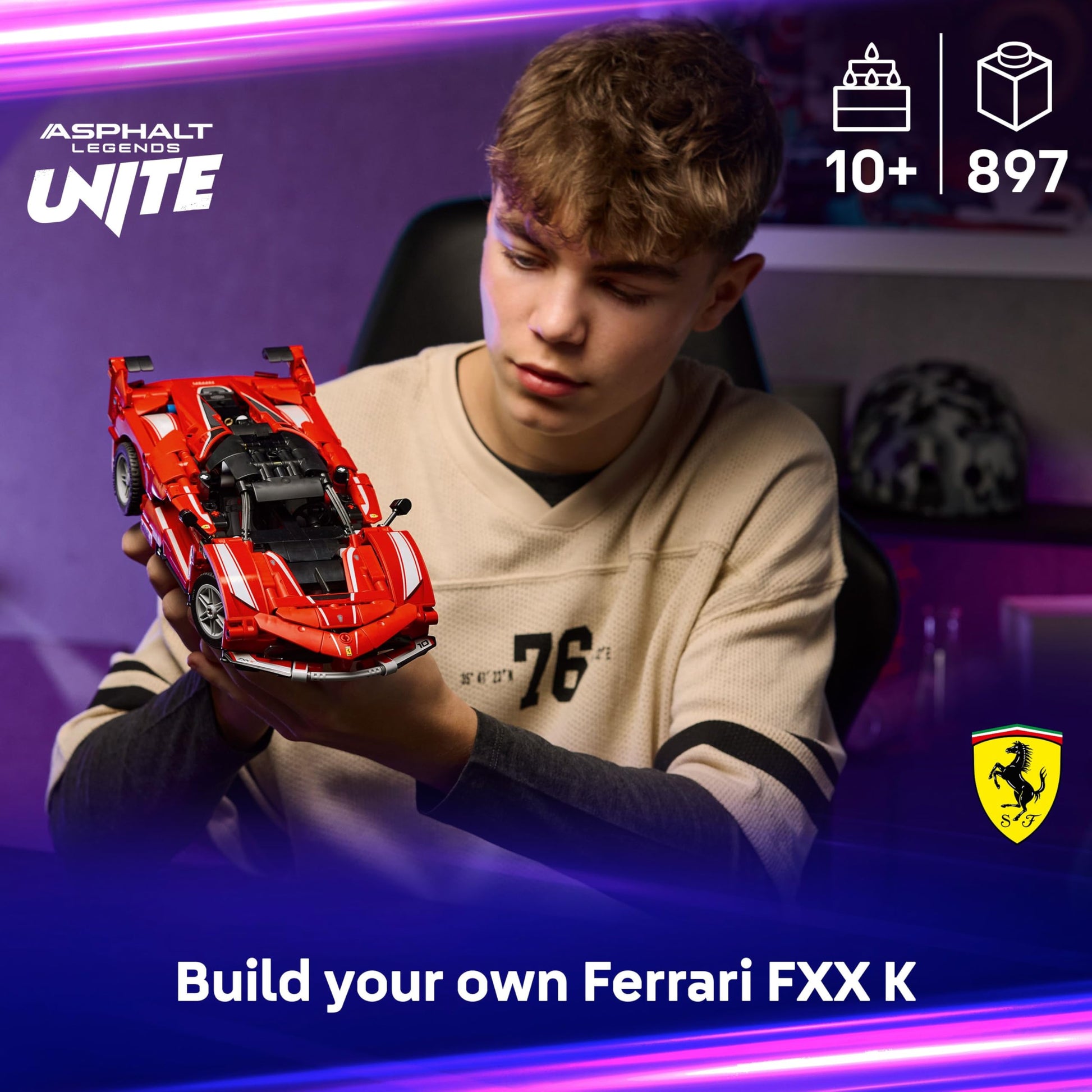 LEGO Technic Ferrari FXX K model kit featuring a detailed V12 engine and moving pistons, ideal for motorsports fans.