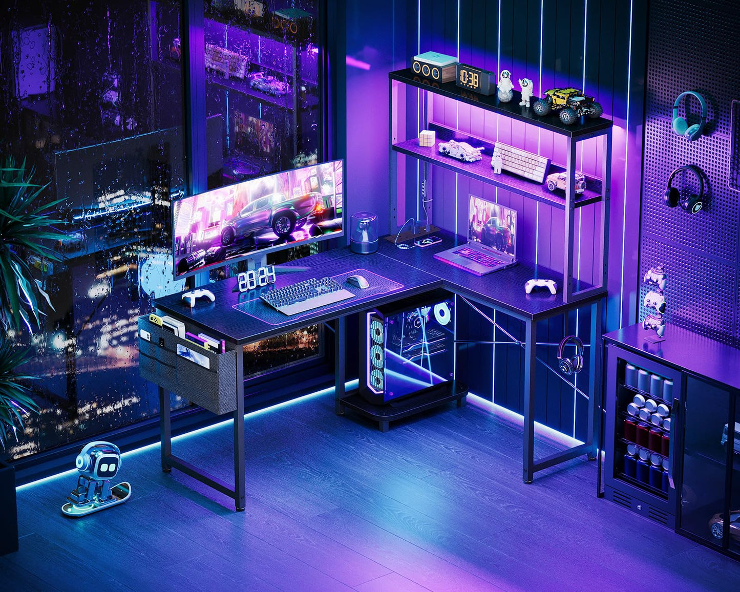 Black Coleshome L-shaped gaming desk with LED lights, power outlet, shelves, storage bag, and hook for home office setup.