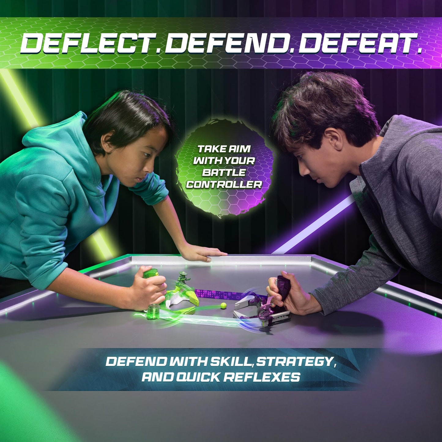 Doteki TOMY multiplayer battle pack featuring Organika and Spiritek champions in green and blue, customizable arena game for ages 8+