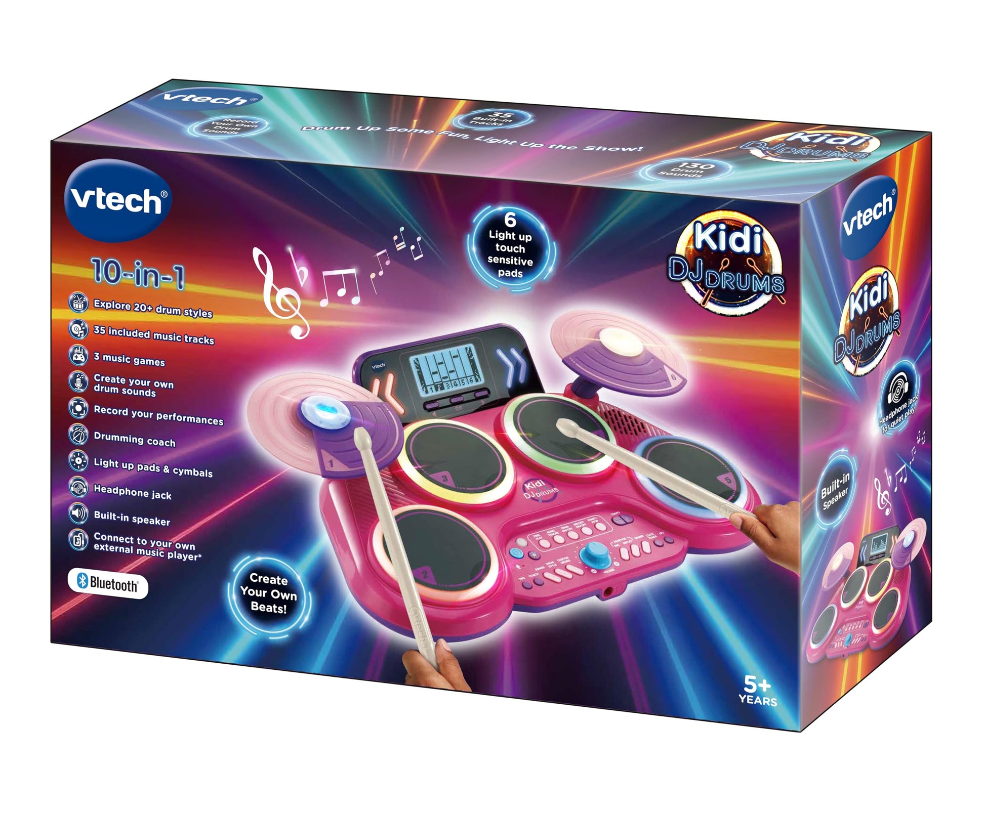 VTech Kidi DJ Drums Pink electronic drum kit for kids with 4 drums, 2 cymbals, drum sticks, and light-up features.