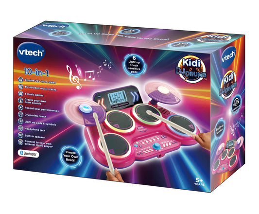 VTech Kidi DJ Drums Pink electronic drum kit for kids with 4 drums, 2 cymbals, drum sticks, and light-up features.