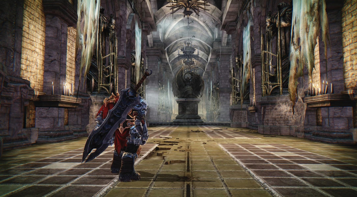 Darksiders Warmastered game for PlayStation 5 showing the game cover art with dark fantasy artwork and THQ Nordic branding.