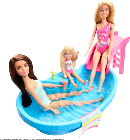 Barbie doll in seafoam blue swimsuit, with pool, slide, towel, and drink accessories for playtime fun.