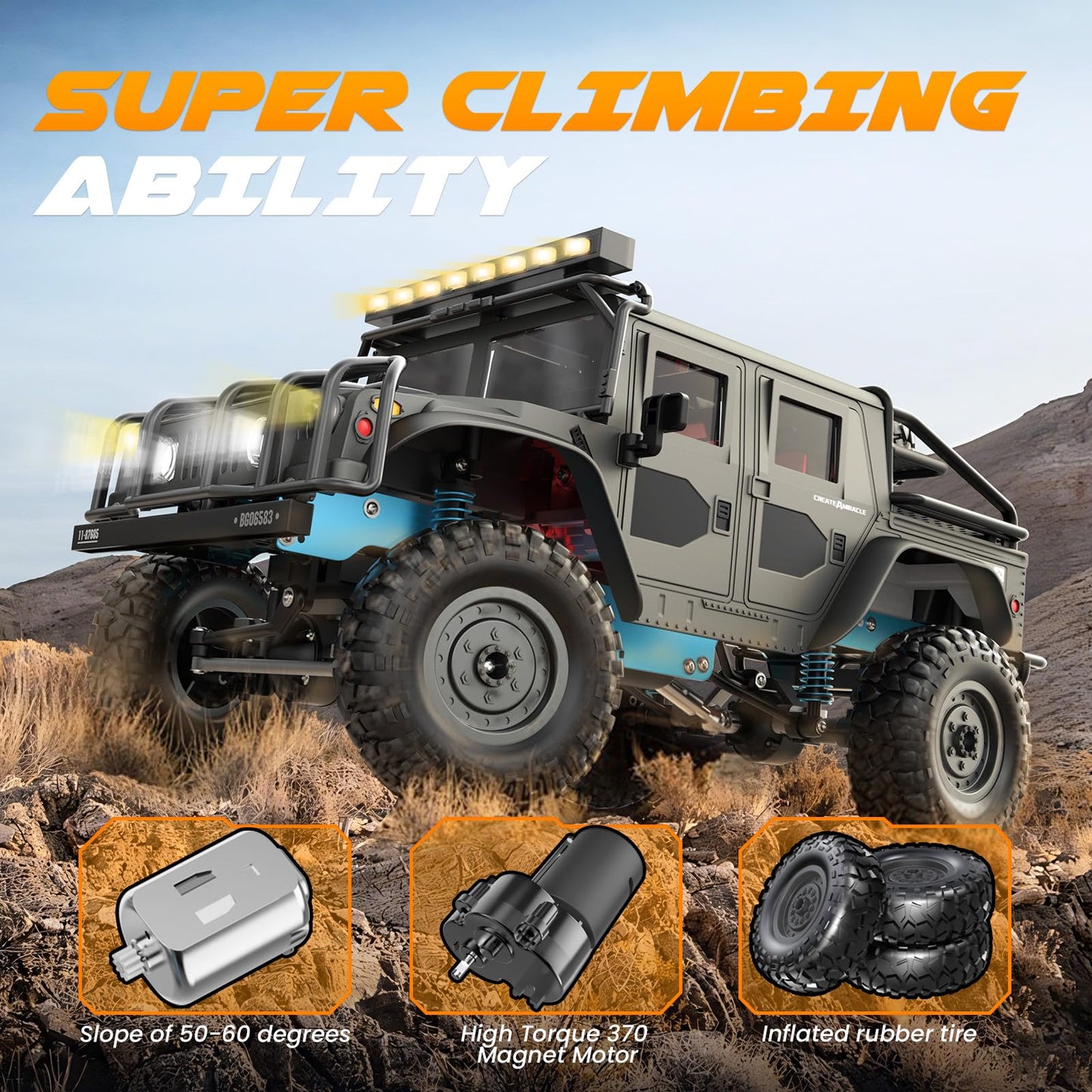 SIMREX 1:12 Scale All-Terrain Remote Control Car, 4WD RC Cars with 2.4 GHz, RC Climbing Truck, IPX4 Waterproof Off-Road Vehicle with Two Rechargeable Batteries, for Kids Teens Adults