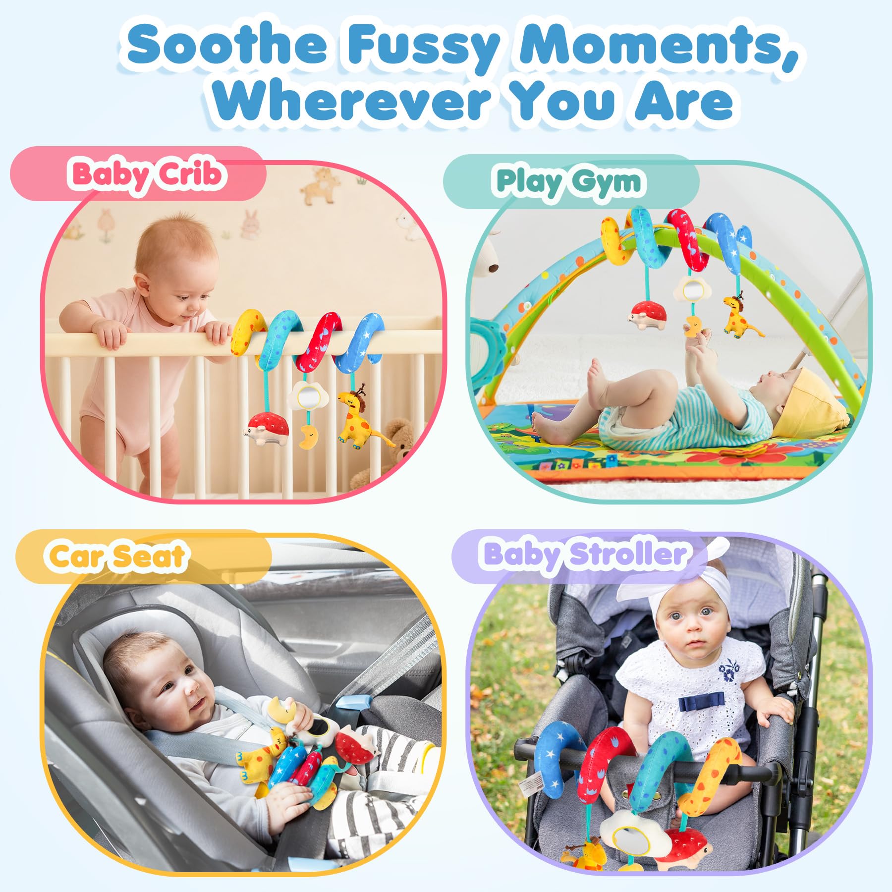 URMYWO spiral baby pram toy featuring black and white high contrast giraffe and hedgehog rattles for newborns 0-12 months