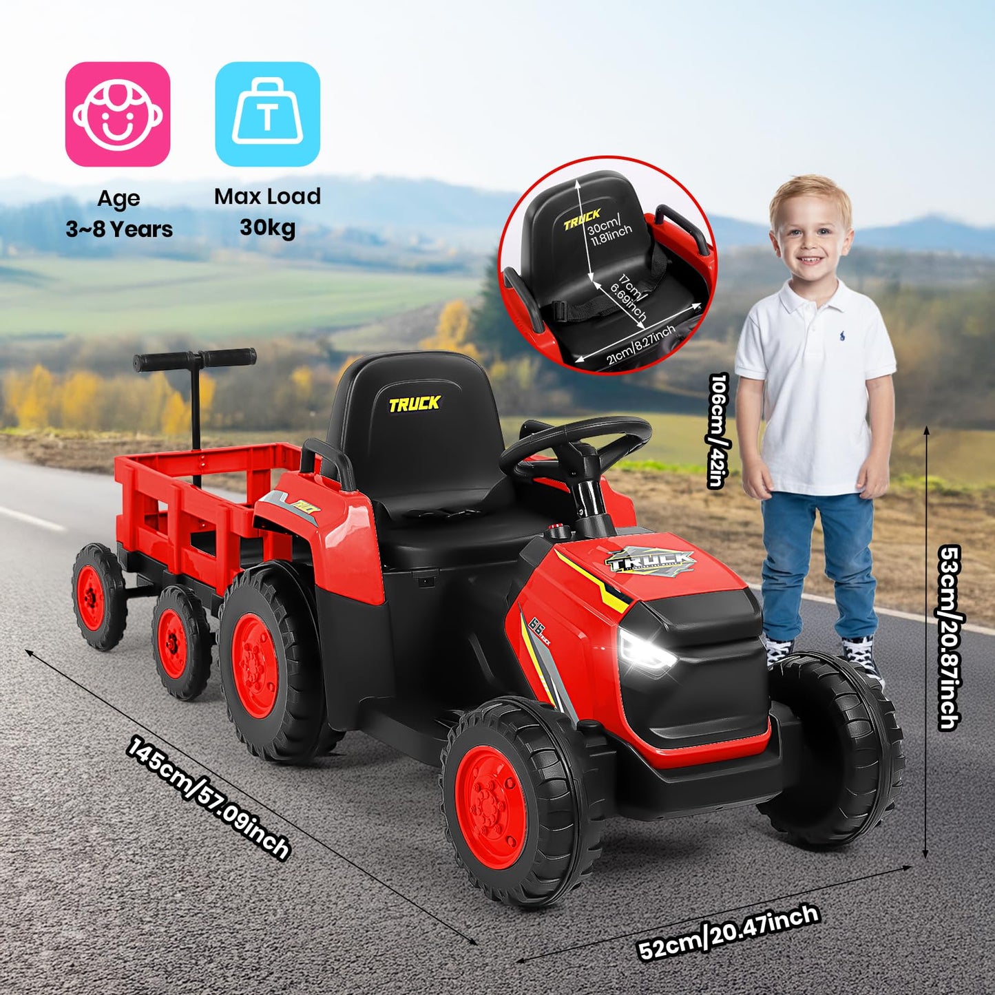 H.yeed Kids Ride on Tractor and Trailer Aged 3-6, 12V Battery Powered Electric Toy Car with Remote Control, Bluetooth Music, LED Lights & USB for Boys, Girls (Red)
