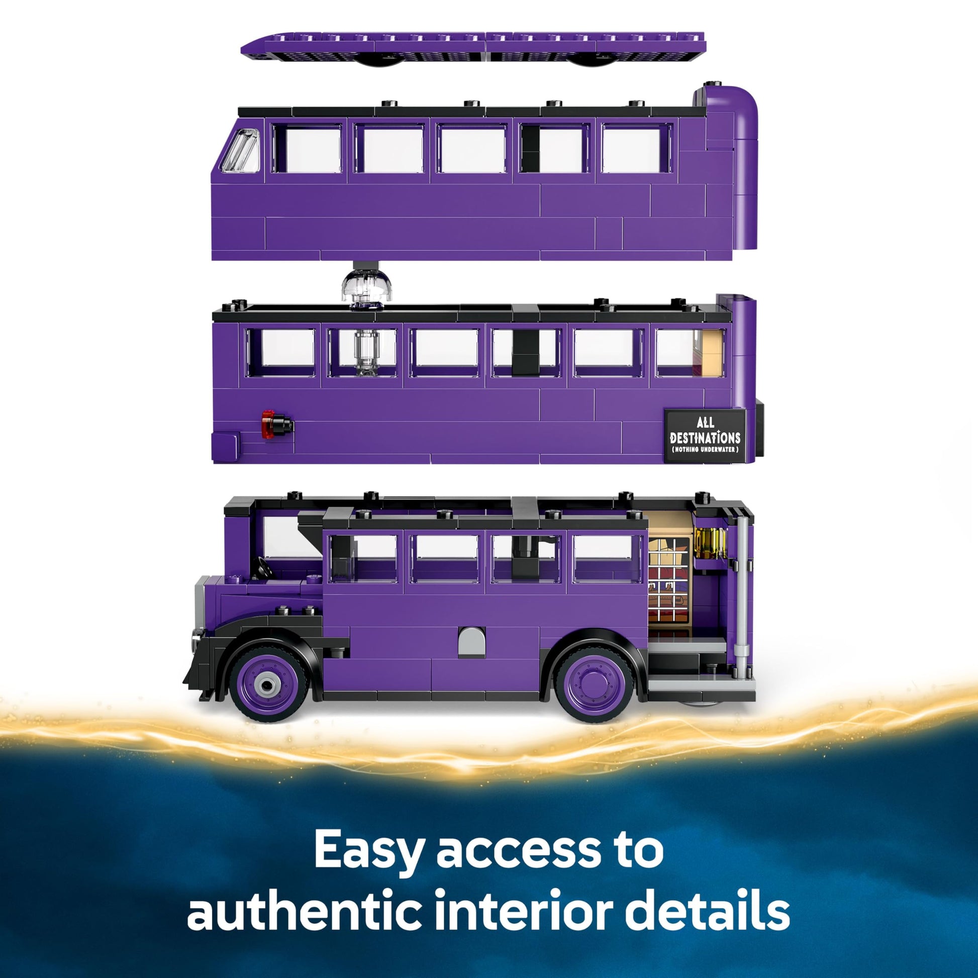 LEGO Harry Potter Knight Bus Adventure set with 5 minifigures and accessories, featuring the iconic purple bus.