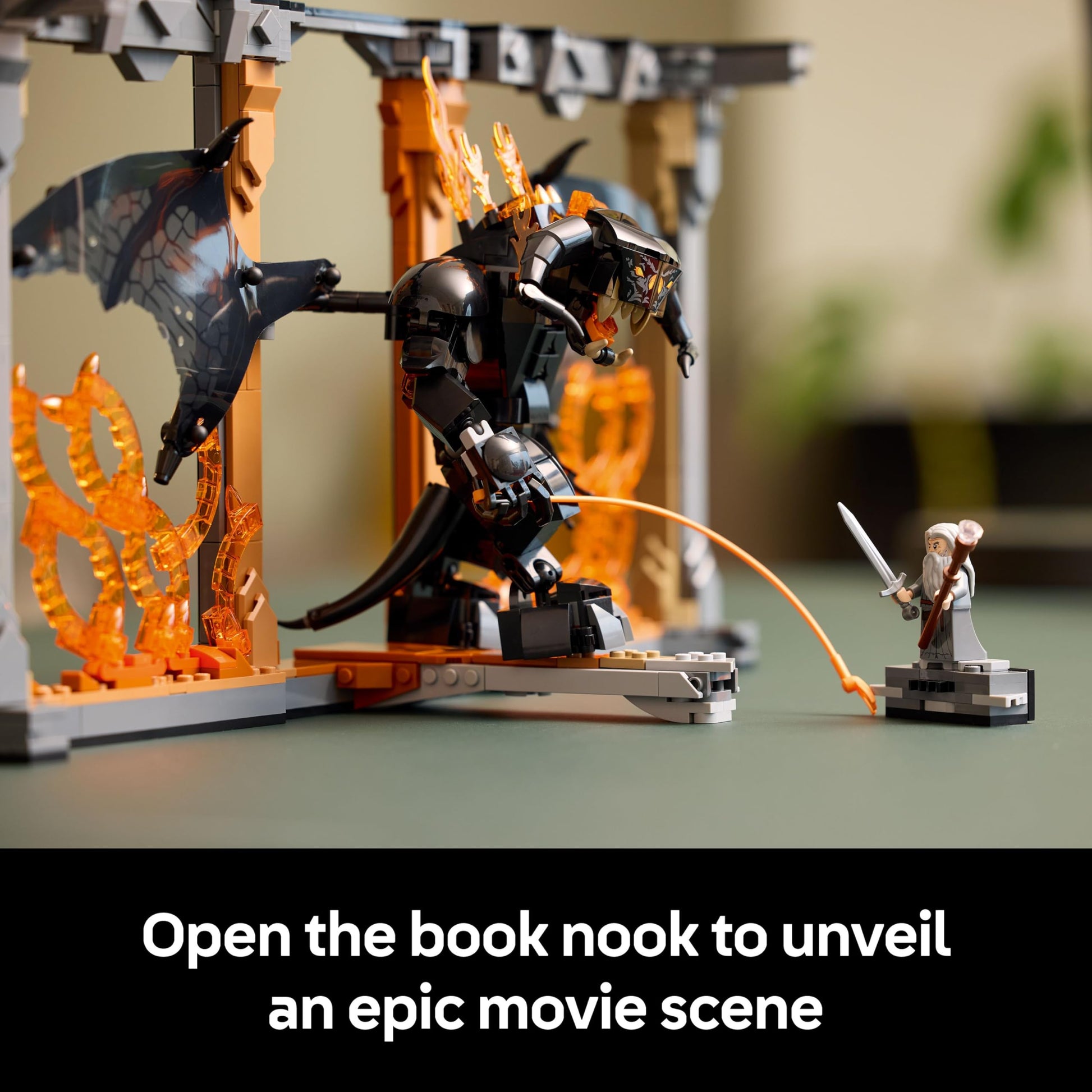 LEGO Icons Balrog Book Nook featuring Gandalf the Grey minifigure and dragon figure, perfect for bookshelf decor.