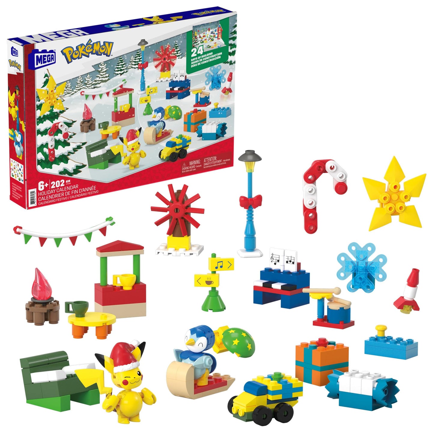 MEGA Pokémon Holiday Calendar building toys set with 202 pieces, 2 poseable characters, and various accessories.