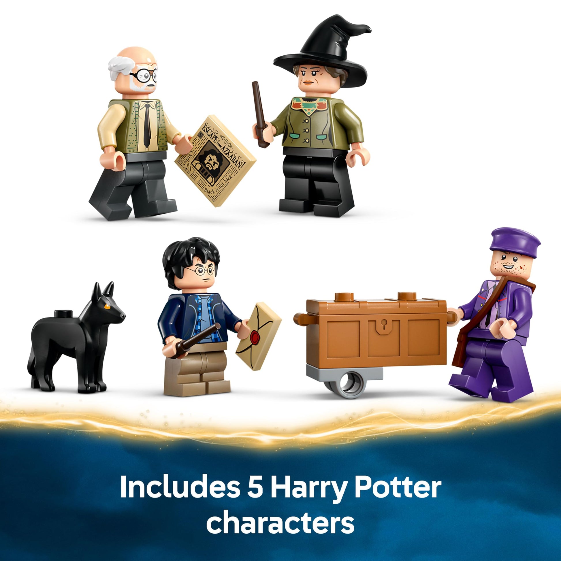 LEGO Harry Potter Knight Bus Adventure set featuring the bus, 5 minifigures, and accessories like wands from Prisoner of Azkaban.